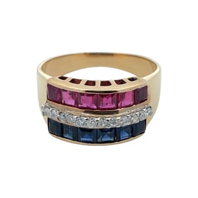 Synthetic Ruby, Sapphire and Diamond ring in 14K Yellow Gold