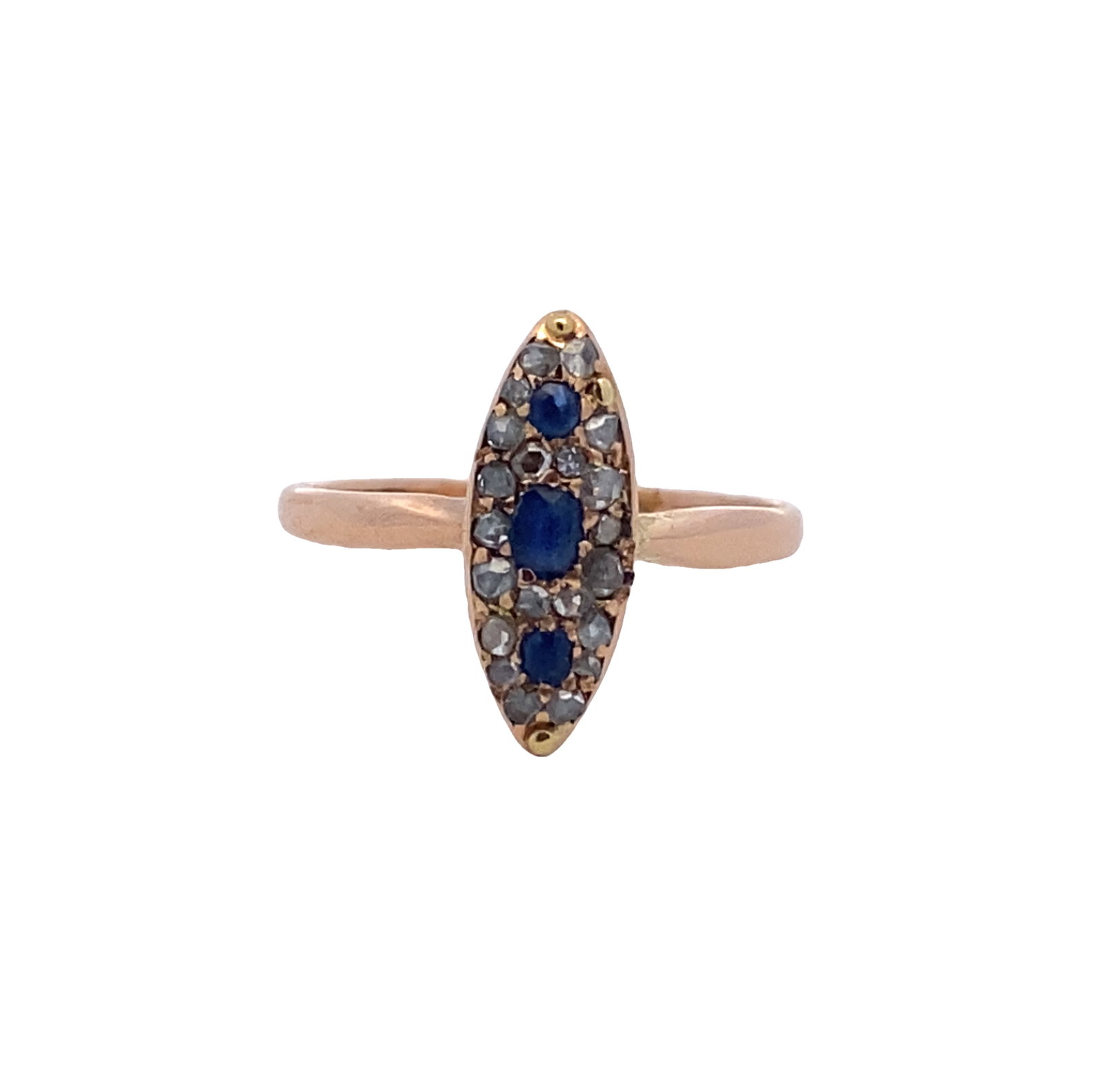 Navette Sapphire and Diamond Ring in 14K Yellow Gold: 14k yellow gold navette ring with sapphire and diamond, size: 4.25, weight 1.3 grams