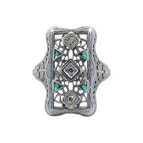Filigree Diamond and Lab-Grown Emerald Accent Ring in 14K White Gold
