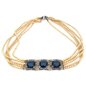 Vintage Costume Pearl and Sapphire Necklace, Sterling Silver