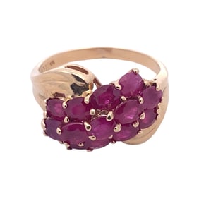 Circa 1960s Three Row Ruby Cocktail Ring in 10 Karat Gold