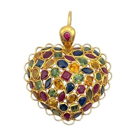 Multi-Gemstone Heart Pendant in 18K Yellow Gold