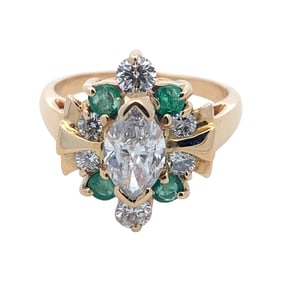 1950s 1.5 Carat Total Diamond, Emerald and Yellow Gold Marquise Cocktail Ring