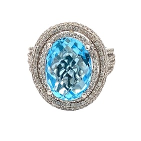 Fine Designer Blue Topaz and Diamond Ring in 14K White Gold