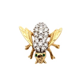 Estate, Diamond and Emerald Bee Pin Brooch in 14K Yellow Gold