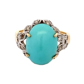 Estate Turquoise and Diamond Ring in 14K Yellow Gold
