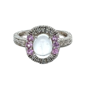 Vintage Moonstone Diamond and Pink Topaz 14K White Gold Ring