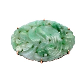 Antique Carved Jadeite Jade Brooch, 14K Gold