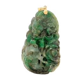 Jadeite Koi Fish Carving Pendant, 14K Gold