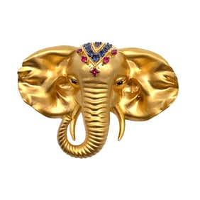 Ruby and Sapphire Elephant Pin Brooch in 14K Gold