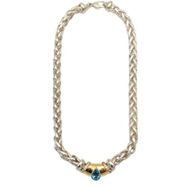 Designer Mikimoto Blue Topaz and Diamond Necklace in 18K White Gold and Sterling Silver