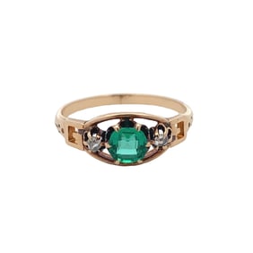 Estate Synthetic Emerald and Diamond Ring in 14 Yellow Gold