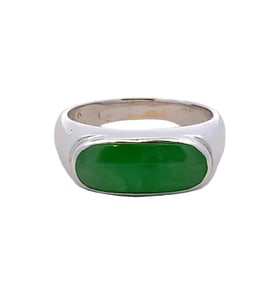 Estate Mens Jadeite Jade Cabochon Saddle Ring in 18K White Gold