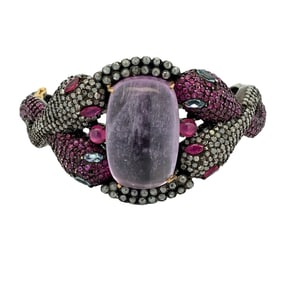 Estate Multi-Gemstone Pave Snake Design Hinged Bracelet in Sterling Silver and 14K Gold