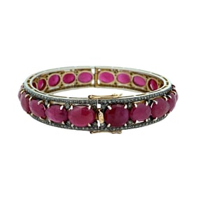 Estate Ruby-Glass Composite and Diamond Hinged bangle Bracelet in Sterling Silver and 14K Gold