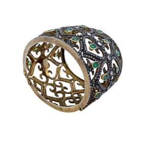 Estate Diamond and Natural Emerald Ornate Filigree Hinged Bangle Bracelet in Sterling Silver and 14K