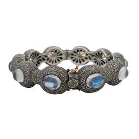 Moonstone and Diamond Pave Hinged Cuff Bracelet in Sterling Silver