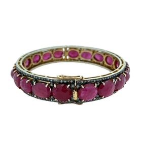 Estate Ruby-Glass Composite and Diamond Hinged bangle Bracelet in Sterling Silver and 14K Gold