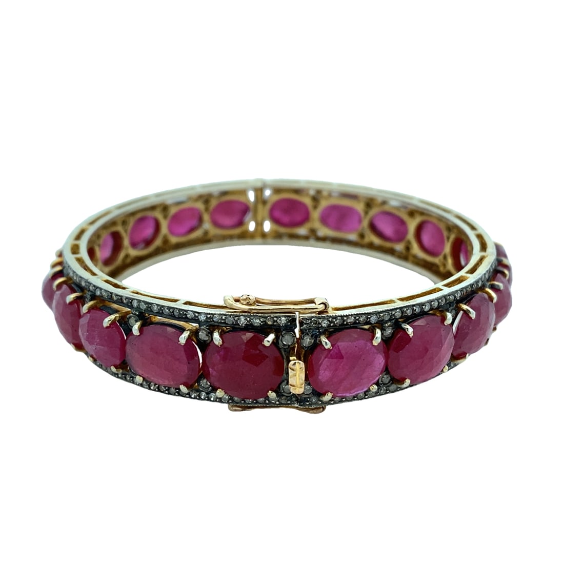 Estate Ruby-Glass Composite and Diamond Hinged bangle Bracelet in Sterling Silver and 14K Gold (1 of 5)