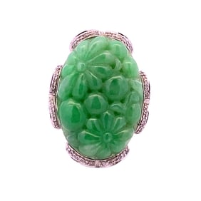 Floral Jade and Diamond Ring in 14K White Gold