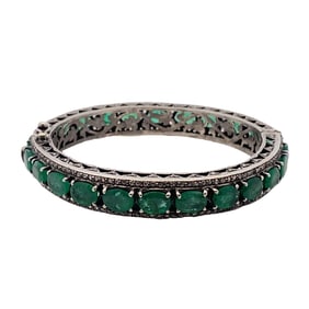 Diamond and Natural Diamond Hinged Bangle in Sterling Silver