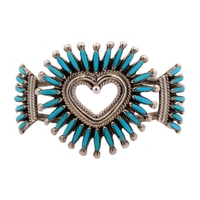 Estate Native American Artist Signed Zuni Turquoise Petit Point Cuff Bracelet