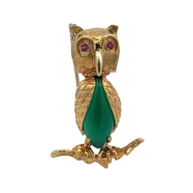 Circa 1950s Chalcedony and Ruby Owl Brooch Pin in 18K Yellow Gold
