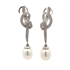 Diamond and Pearl Knot Dangle Earrings in 18K White Gold