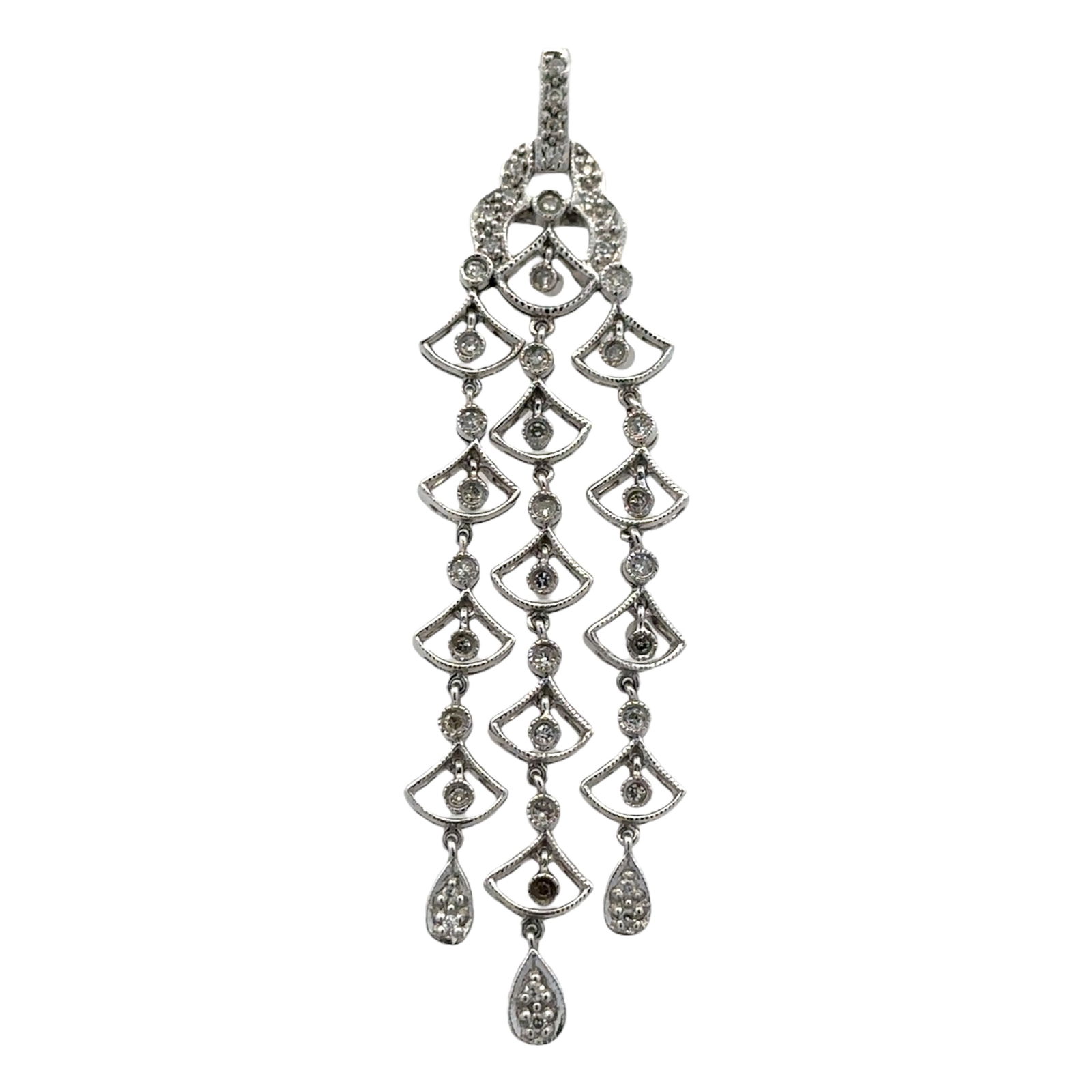 1.00 Carat Diamond Chandelier Pendant in 14 Karat White Gold: 14 karat white gold diamond chandelier pendant with diamonds at 1.0 carat total weight, H color, SI clarity. 2.5"L, 4.5 grams. Chain not included.