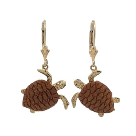 1990S Walnut Wood Turtle Earrings with Diamond Eyes in 14 Karat Gold