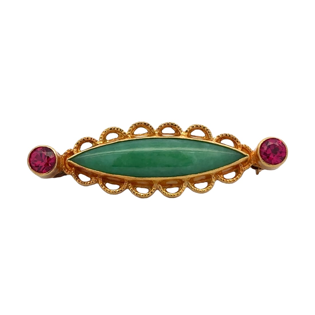Circa 1960s Retro Brooch with Marquise Jade and Rubies in 22K Gold (1 of 6)
