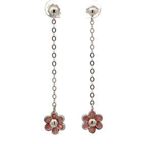 1990s Pink Enamel Flower Drop Earrings in 14K White Gold