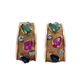 1970s Tutti Frutti Multi-Gemstone Half Hoop Earrings in 14K Gold