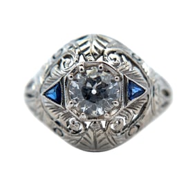 Estate Diamond and Synthetic Sapphire Ring in 18K White Gold