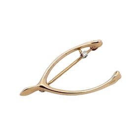 Circa 1960s Diamond Wishbone Lucky Charm Brooch in 14 Karat Gold