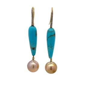 Turquoise and Pearl Dangle Earrings, 18K Gold