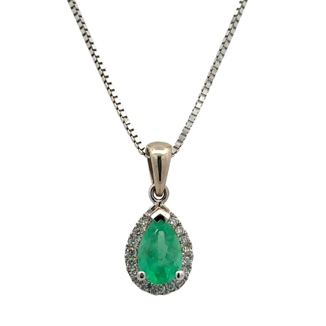 0.88 Carat Pear Cut Emerald and Diamond Pendant Necklace in 14 Karat White Gold (1 of 6)