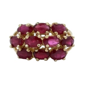 1950s 3 Carat Total Ruby and 14 Karat Yellow Gold Cluster Cocktail Ring