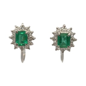1950s Emerald and Diamond French Screw Back Earrings in Platinum