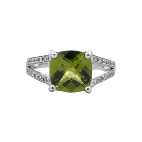 Peridot and Diamond Split Shank Ring in 14K White Gold