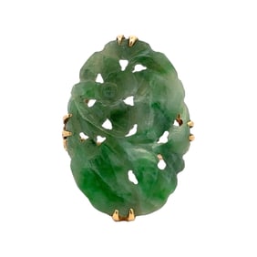 Vintage Hand Carved Jade Ring, 10K Gold