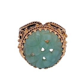 Carved Jade Filigree Ring, 14K Gold
