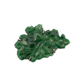 Victorian Era Asian Carved Green Jade Brooch in 14K Gold