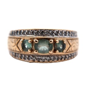Three Stone Green Gemstone and Diamond Ring, 14K Gold