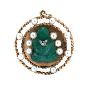 1950s Lucky Buddha Jade Pendant with Single Cut Diamond and Pearls