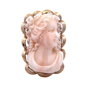 14 Karat Yellow Gold Hand Carved Angel Skin Coral High Relief Cameo