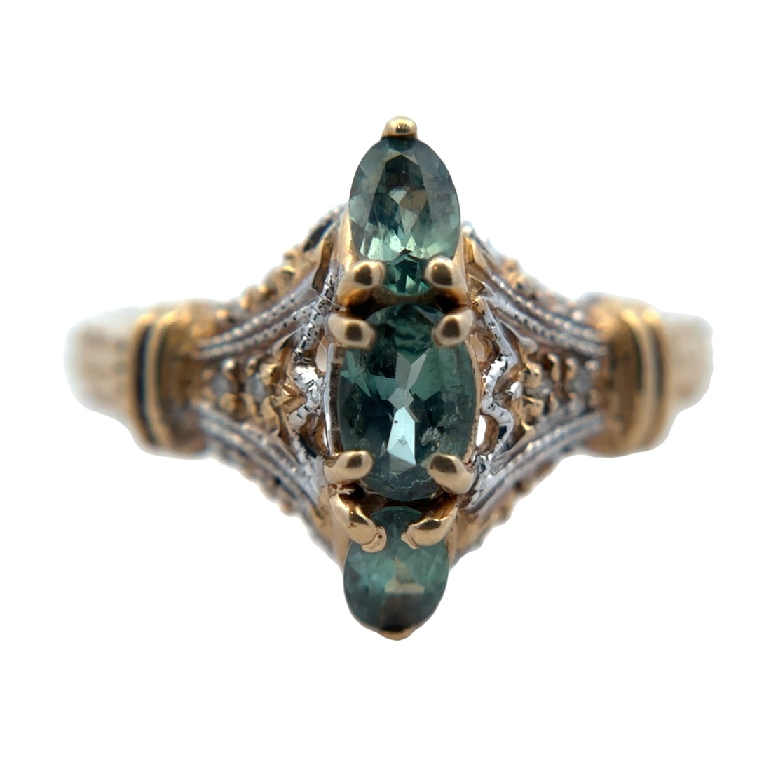 Blue Gemstone and Diamond Ring, 14K Gold: Estate, Metal type: 14k yellow gold, Gemstone: Blue gemstone (estimated to be topaz) and diamond, Size: 9, Weight: 4 grams