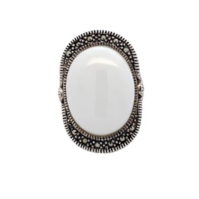 Estate Designer White Chalcedony and Marcasite Ring in Sterling Silver