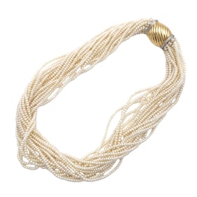 Estate Pearl and Diamond Multi-Strand Necklace in 14K Gold