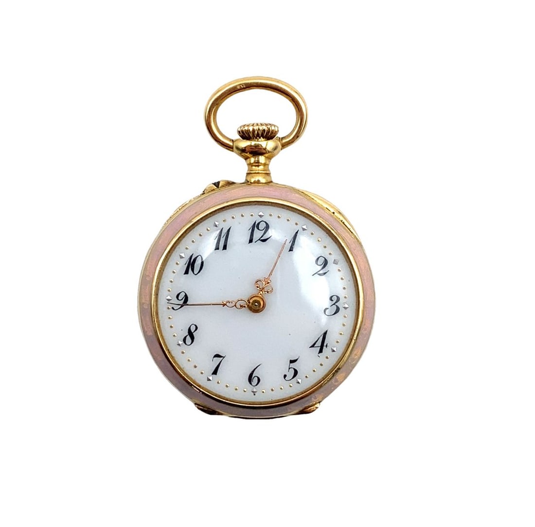 Pink Guilloché Enamel and Diamond Pocket Watch in 18K Yellow Gold (1 of 7)